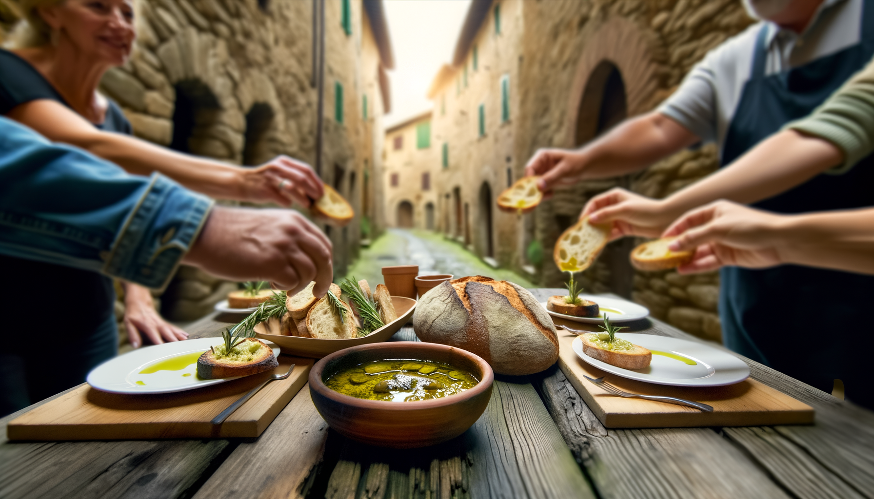 Persone che degustano olio nuovo su crostini di pane in un antico borgo umbro durante Frantoi Aperti