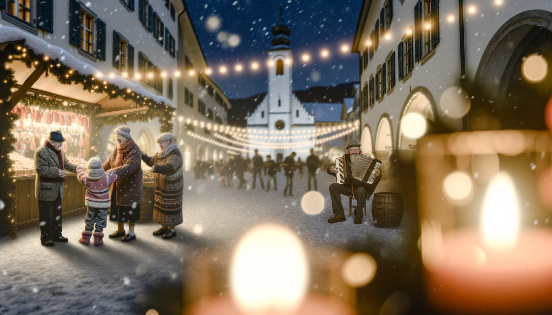 Mercatini di Natale in Trentino Alto Adige con famiglia che visita bancarella e musicista di fisarmonica sotto luci festive e neve