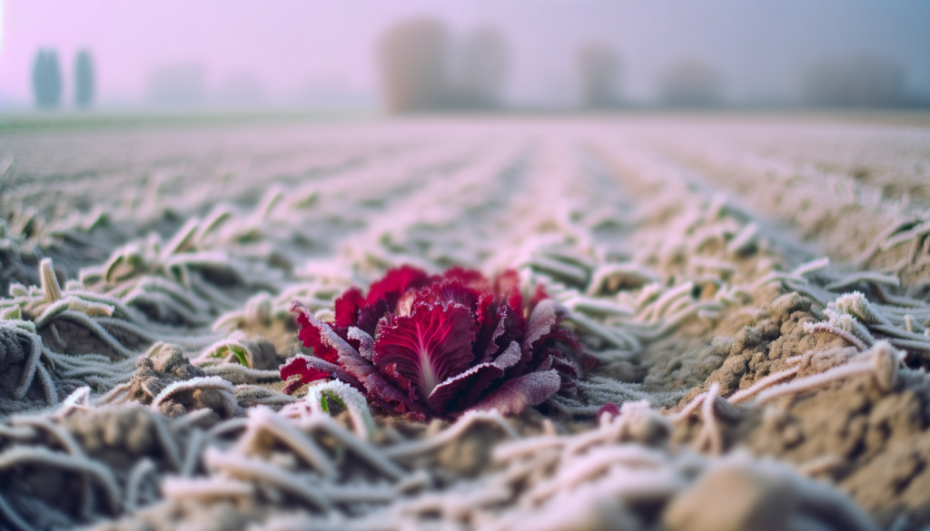 Radicchio di Treviso coperto di brina in un campo veneto al mattino con sfondo sfocato di alberi e nebbia