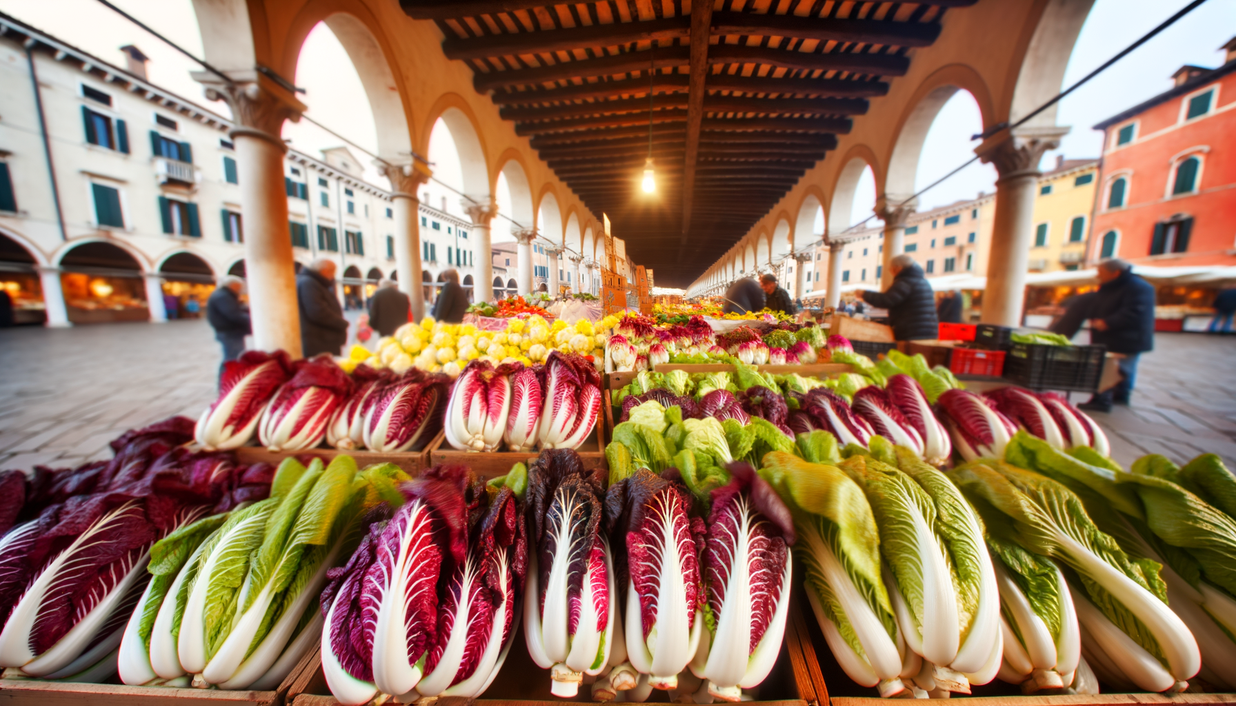 Bancarella di radicchio di Treviso e altre verdure fresche in un mercato all'aperto sotto portici storici veneti