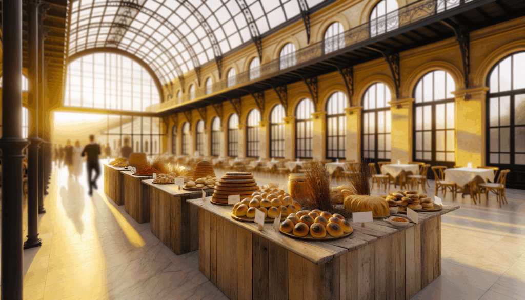 Bancarella di prodotti da forno artigianali esposti in un mercato coperto luminoso a Milano con persone sullo sfondo