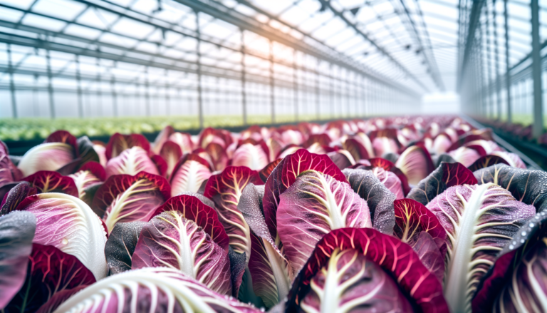 Radicchio di Treviso coltivato in serra con foglie rosse e bianche coperte di rugiada, simbolo dell'inverno