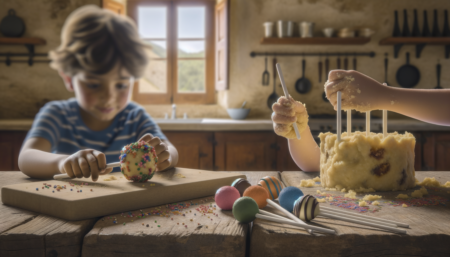 Bambini che decorano un panettone sbriciolato con lecca-lecca colorati in una cucina rustica luminosa