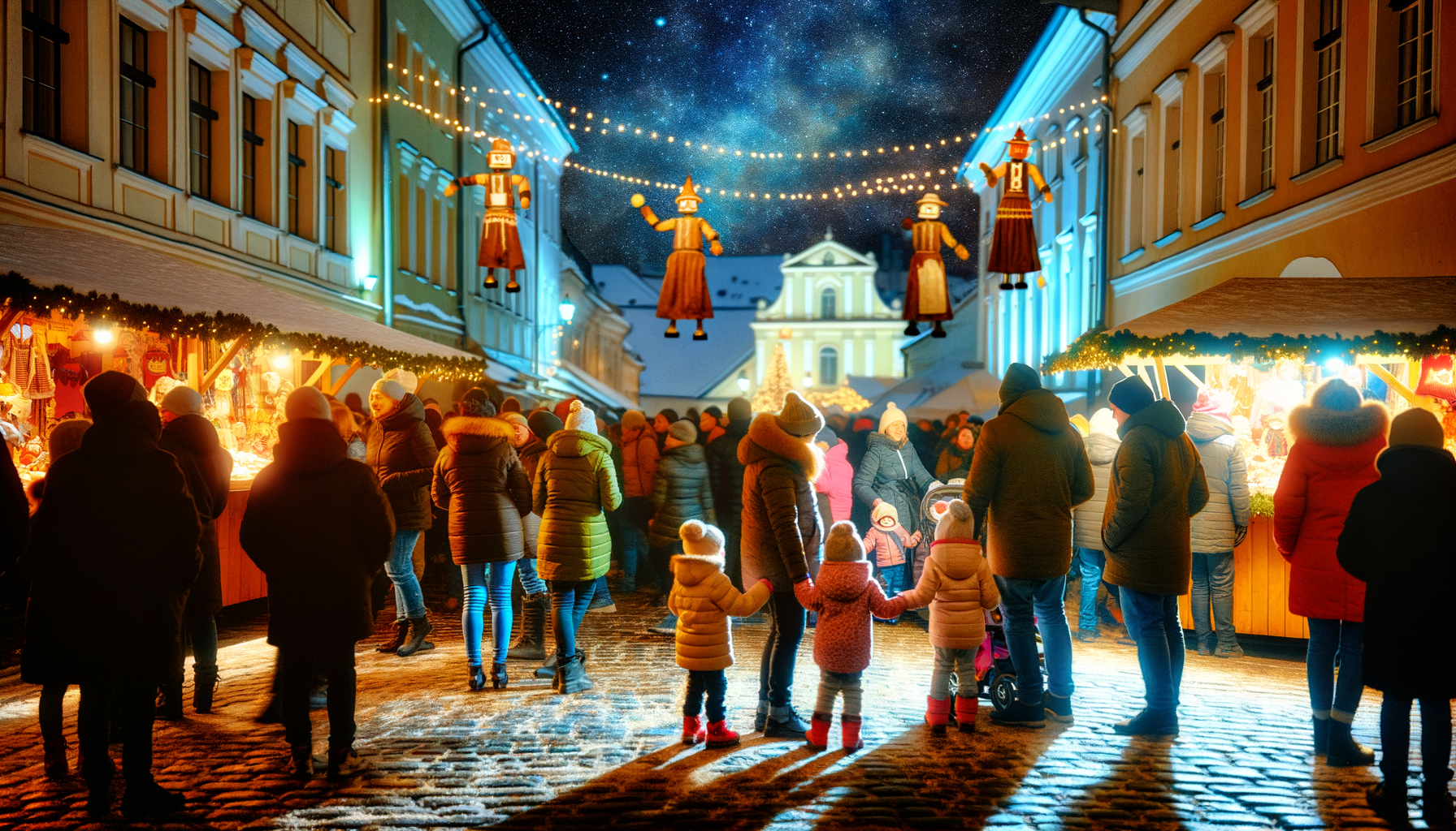 Mercatino di Natale a Bolzano con persone in abiti invernali, luci festive e decorazioni natalizie in una piazza storica di sera