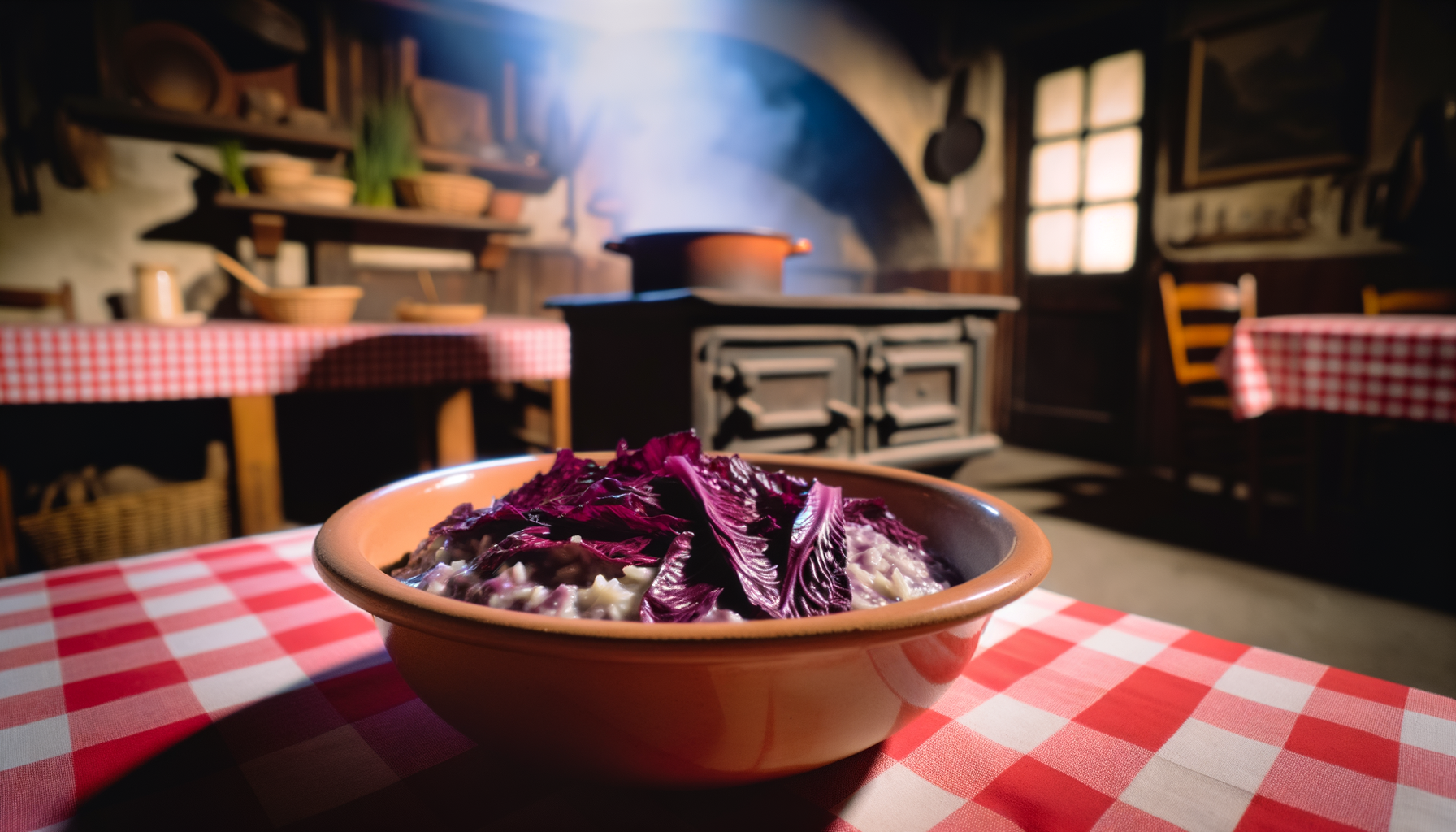 piatto rustico con radicchio di Treviso su un tavolo a quadri rossi in cucina tradizionale