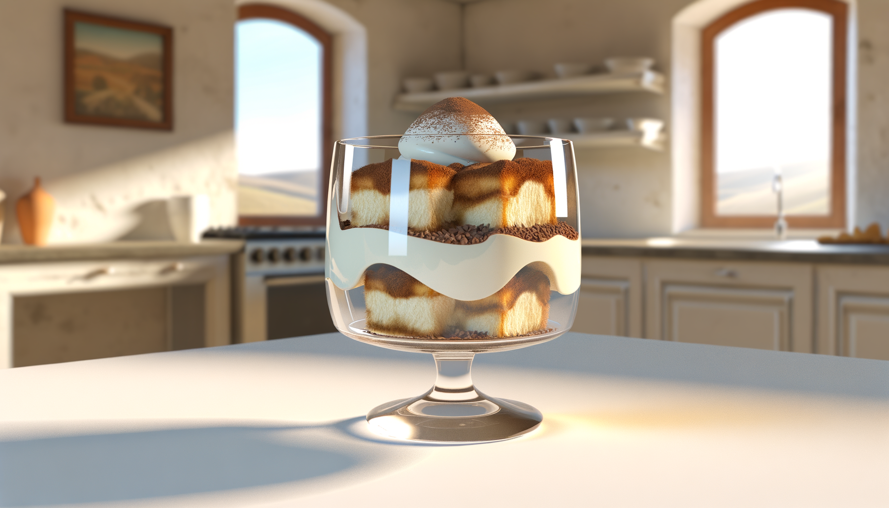 Dessert al bicchiere con pezzi di panettone, crema e cacao in polvere in una cucina luminosa