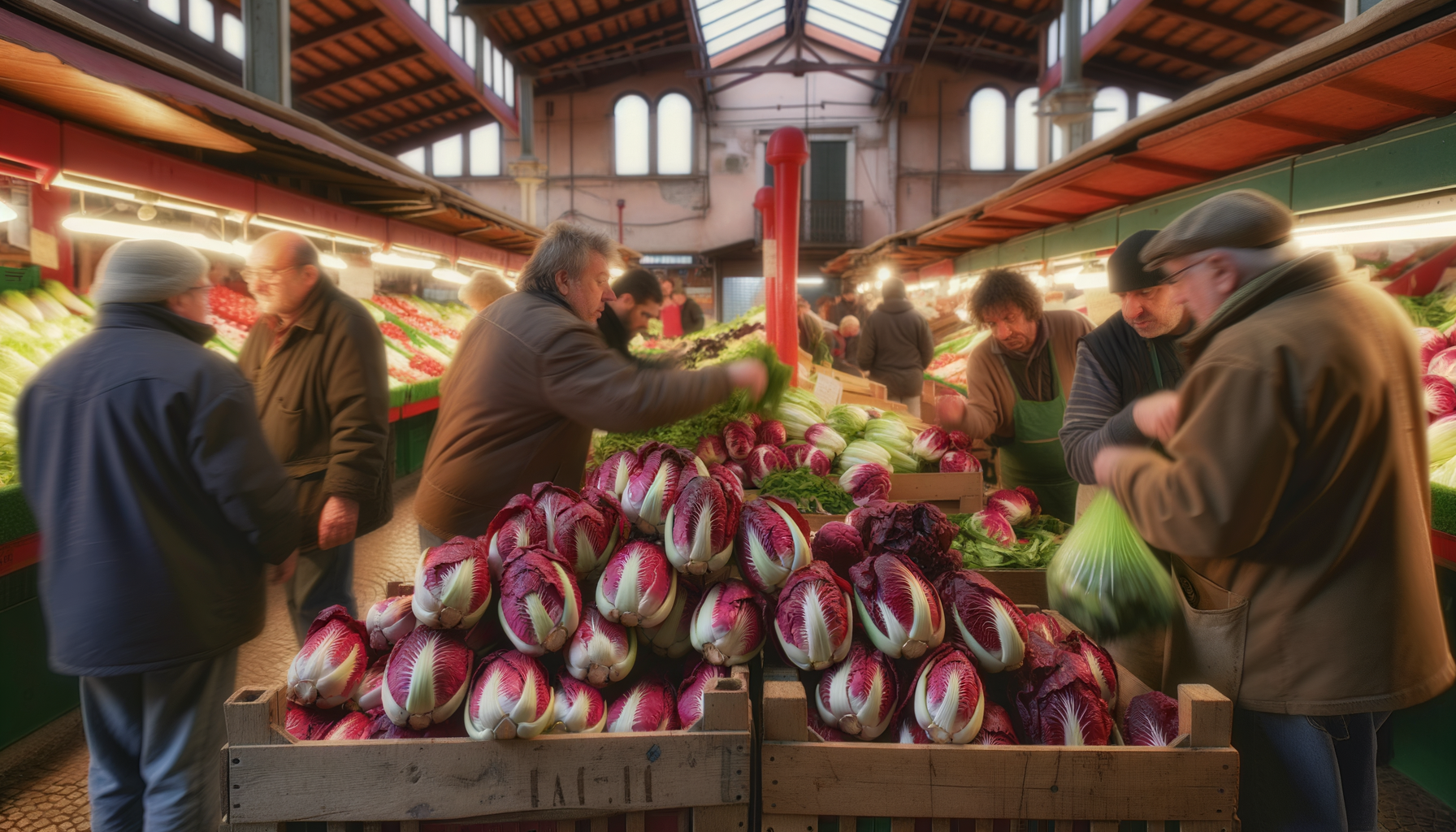 Mercato coperto con bancarelle di radicchio di Treviso e persone che acquistano verdure fresche