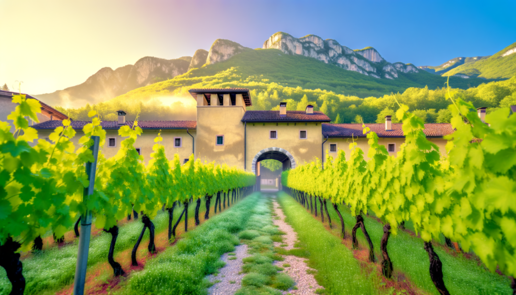 Vigneto trentino con filari di viti verdi e casa storica ai piedi delle montagne al tramonto