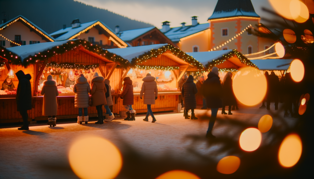 Mercatini di Natale serali con bancarelle illuminate, persone con cappotti invernali e decorazioni luminose natalizie