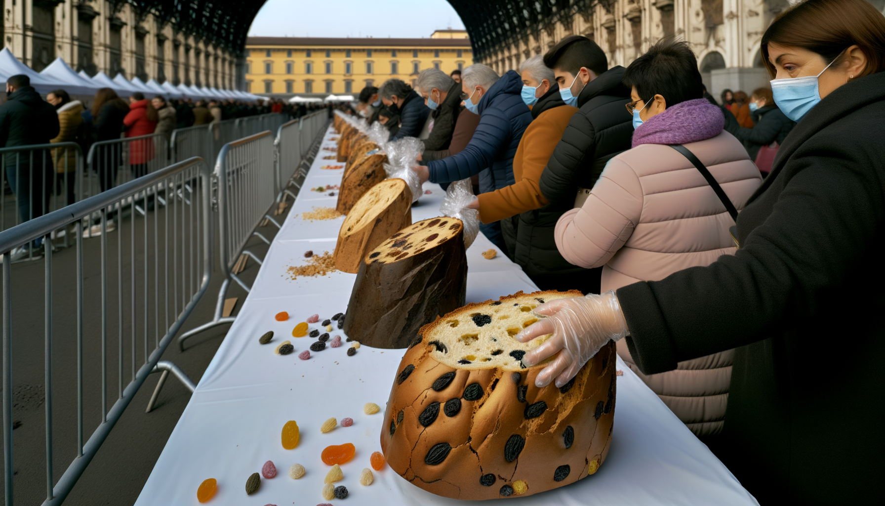 Persone con mascherine che assaggiano fette di panettone artigianale in fila a Milano durante un evento invernale