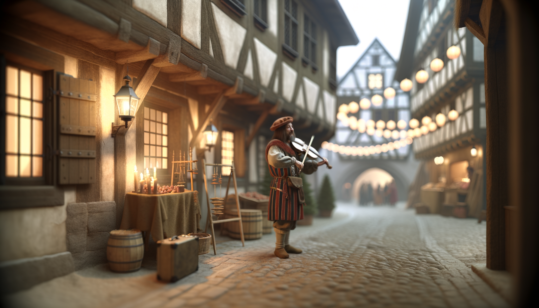 Violinista in costume tradizionale su strada acciottolata di mercatino di Natale in Trentino Alto Adige con luci calde e bancarelle