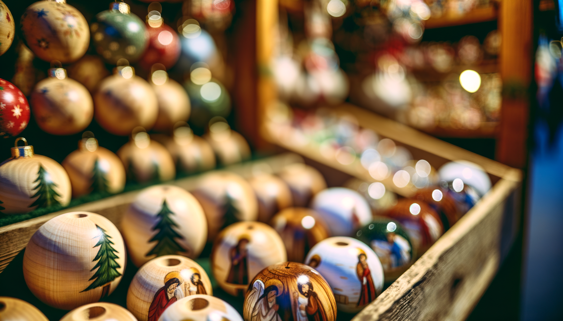 Decorazioni natalizie in legno dipinte a mano esposte ai mercatini di Natale a Bolzano e Merano
