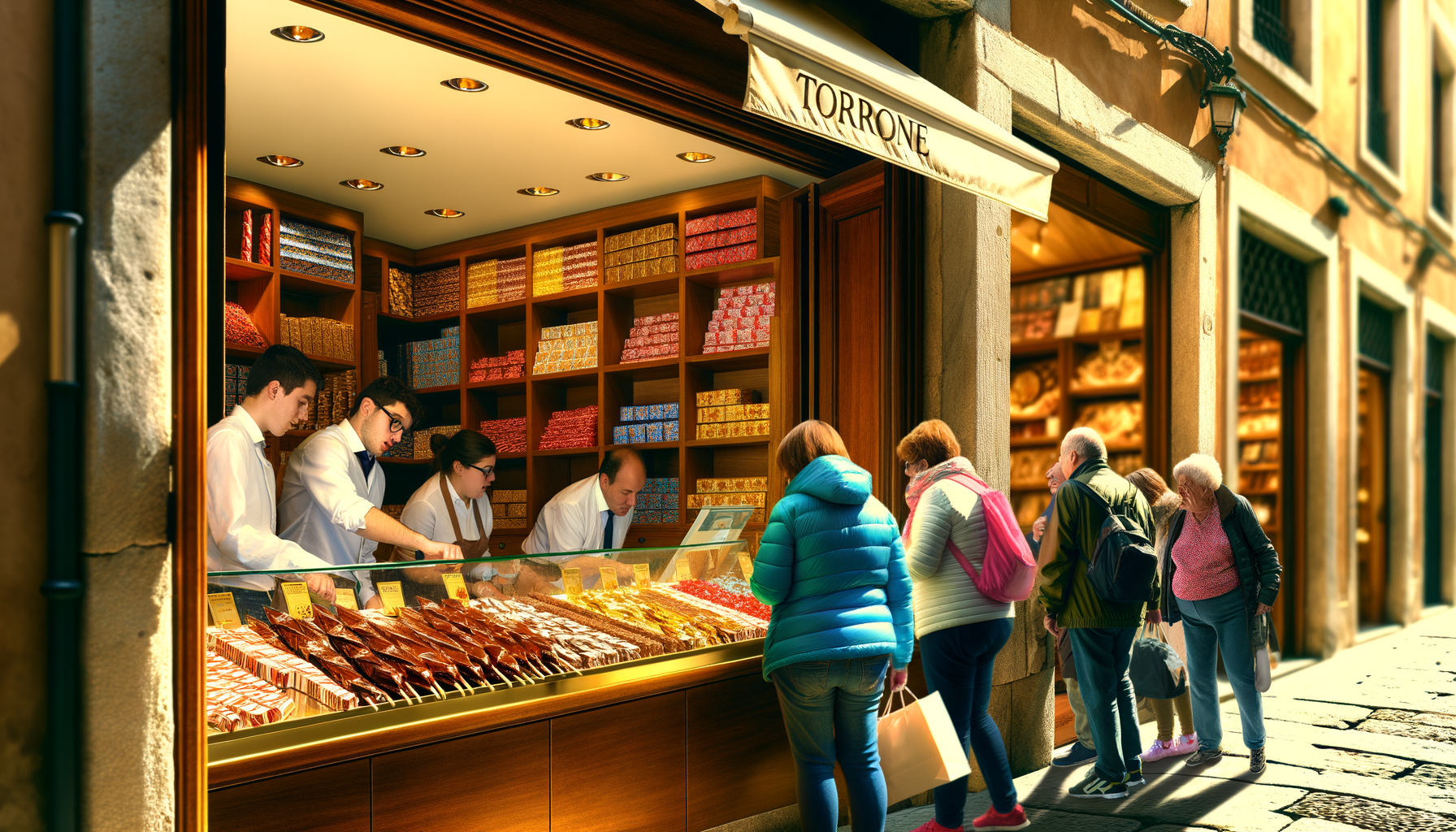 Vetrina di negozio di torrone a Bagnara con clienti in fila e commessi servendo dolci tradizionali calabresi