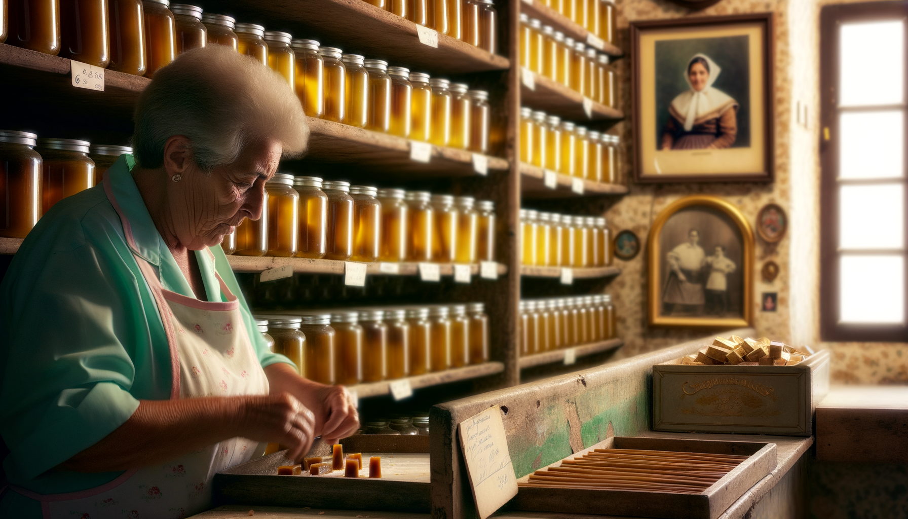 Donna anziana prepara il torrone di Bagnara in un laboratorio tradizionale con barattoli di miele sugli scaffali