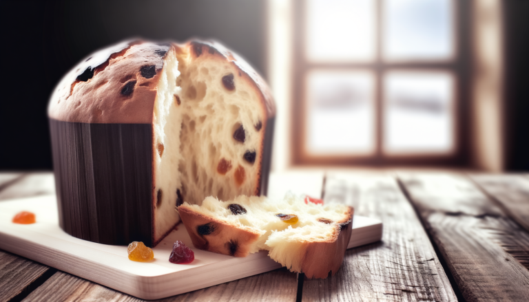Panettone tradizionale italiano con uvetta e canditi su tagliere di legno, illuminato dalla finestra