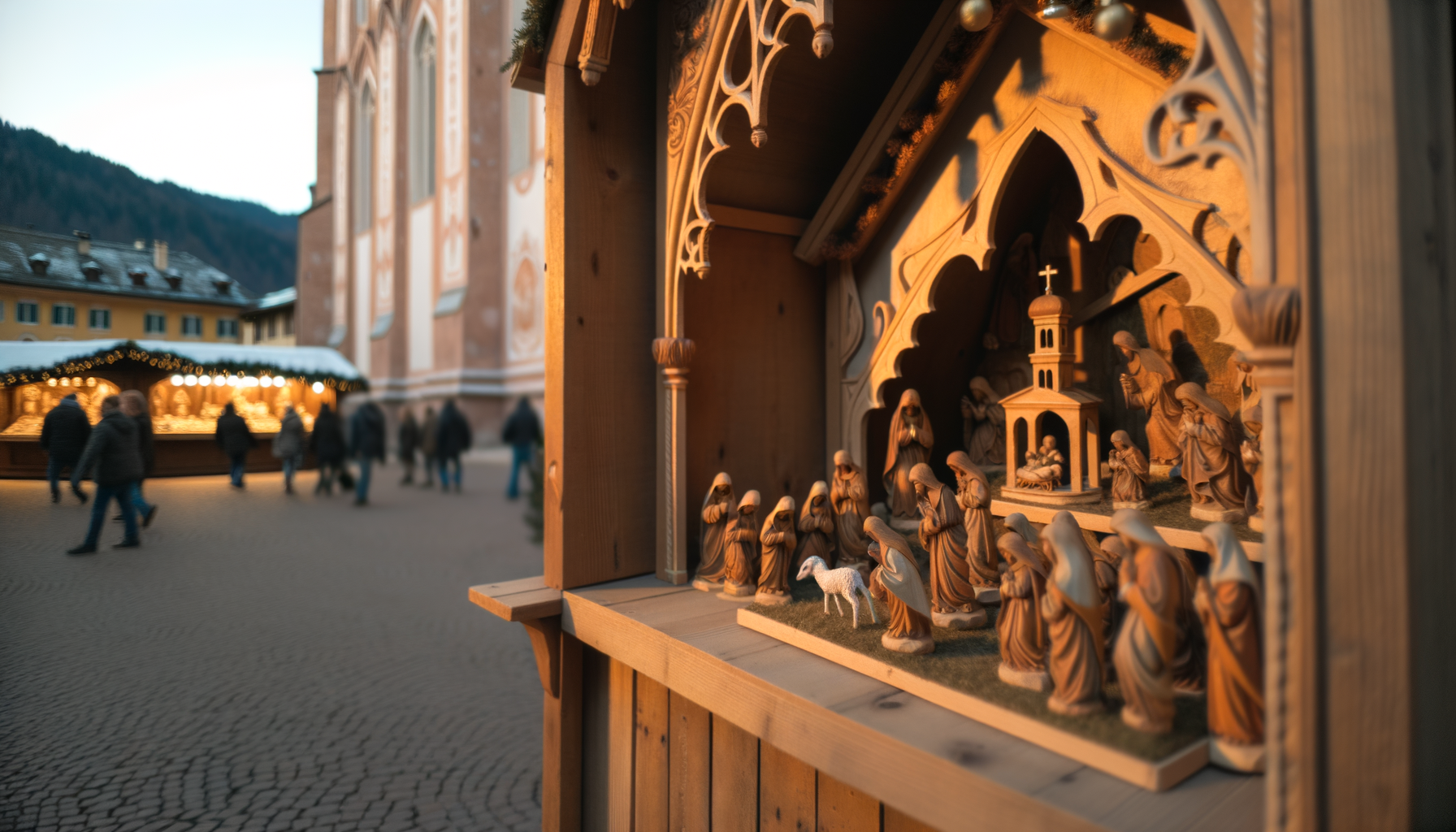 Presepe in legno dettagliato esposto in un mercatino di Natale con visitatori sullo sfondo e luci calde al tramonto