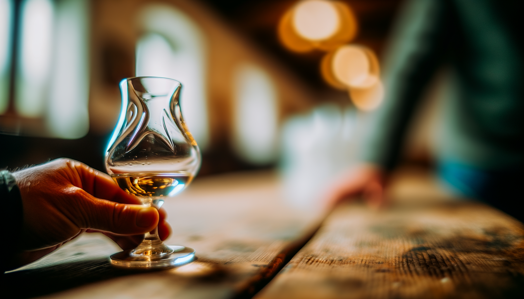 mano che tiene un bicchiere di grappa in un ambiente caldo e accogliente di una distilleria di Santa Massenza