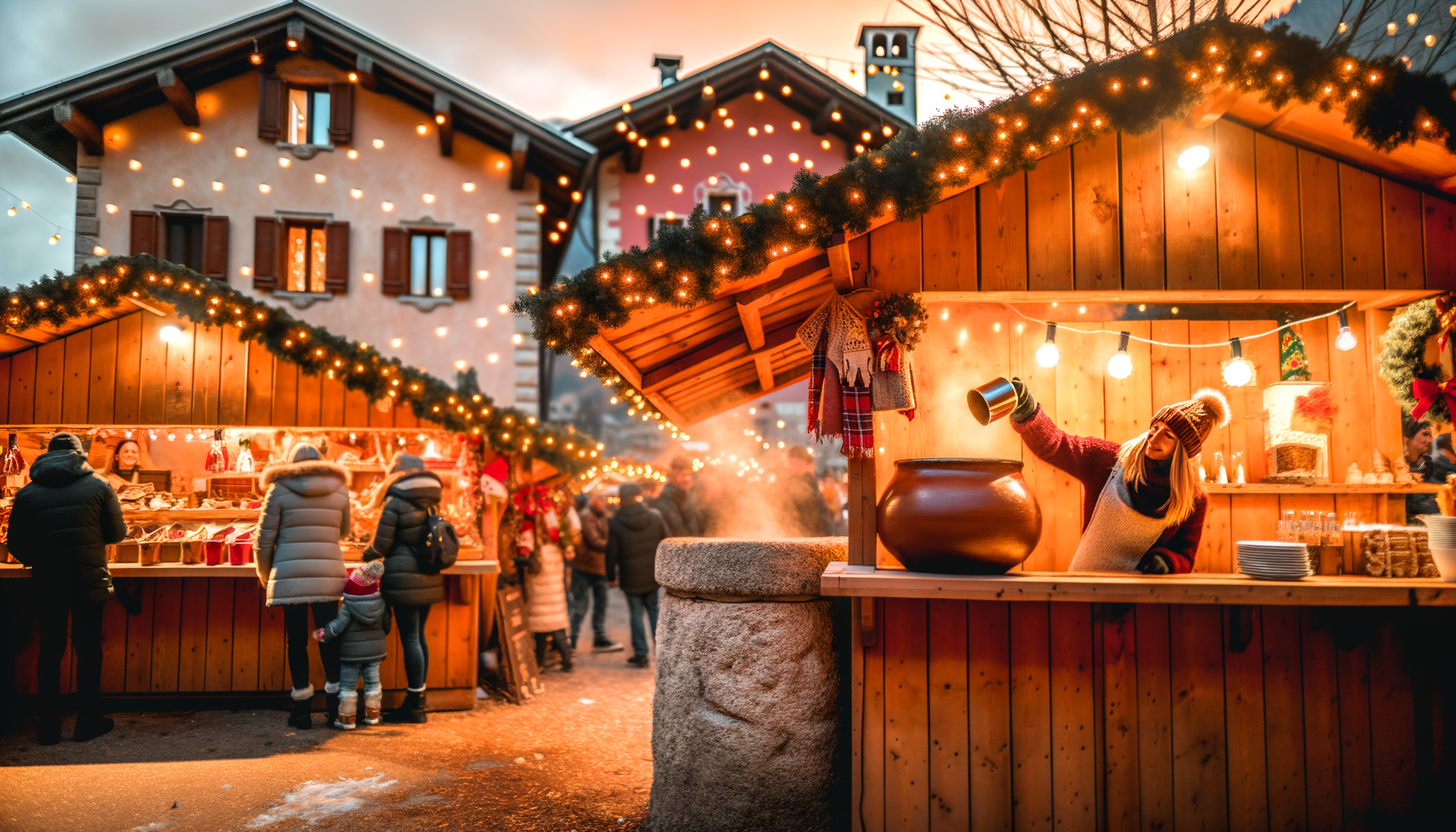 Mercatino di Natale in Trentino Alto Adige con bancarelle di legno illuminate e persone che visitano gli stand