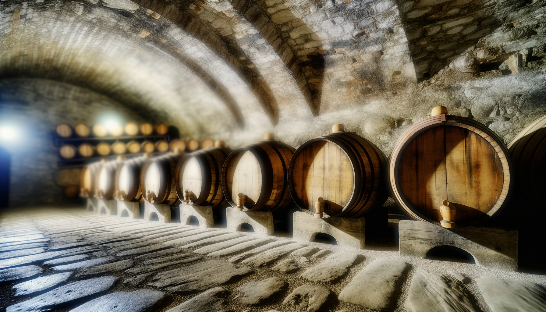 Botti di legno antiche in una cantina tradizionale trentina per l'invecchiamento della grappa