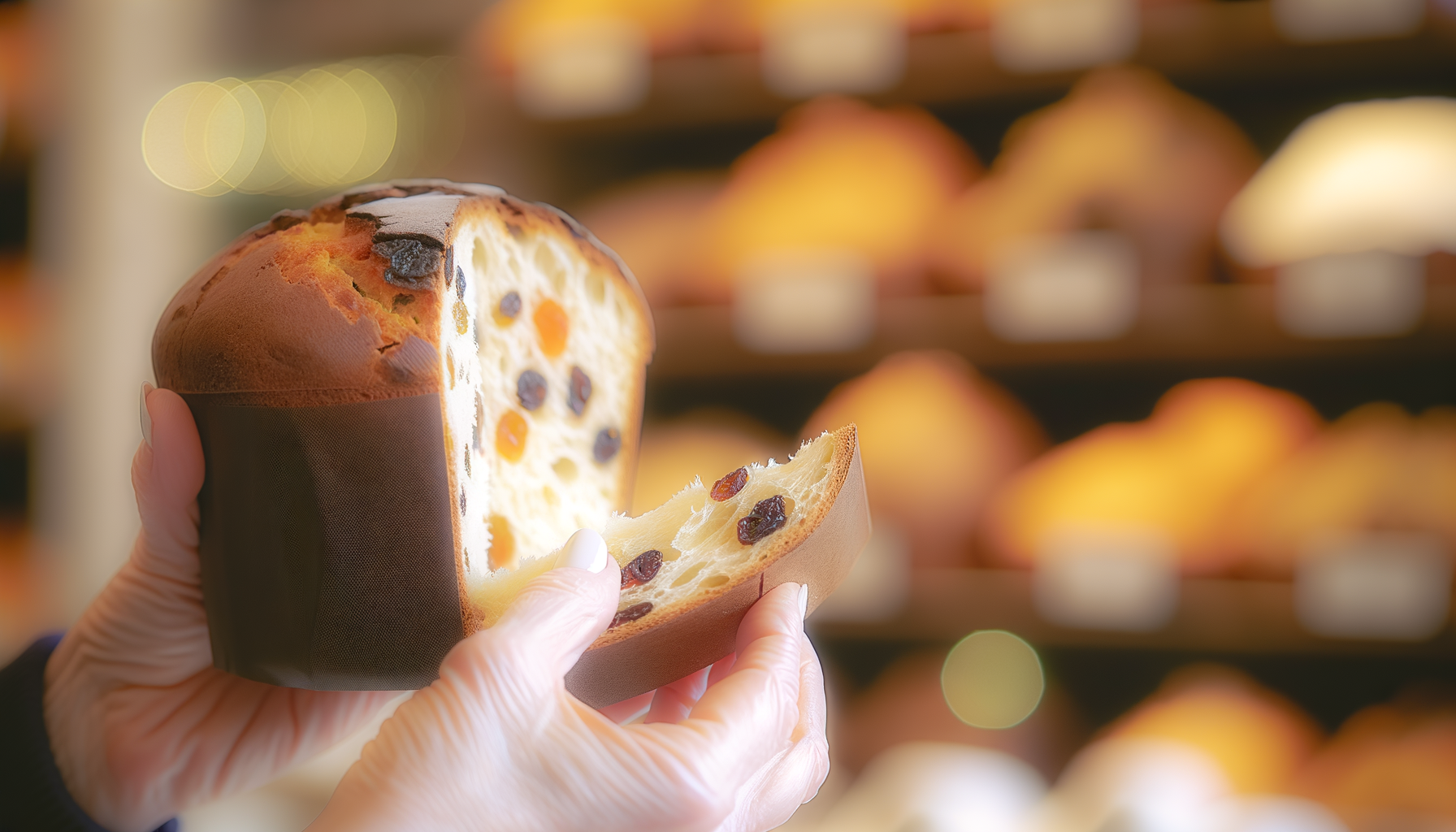Mani che tengono un panettone artigianale a Milano con uvetta e canditi visibili