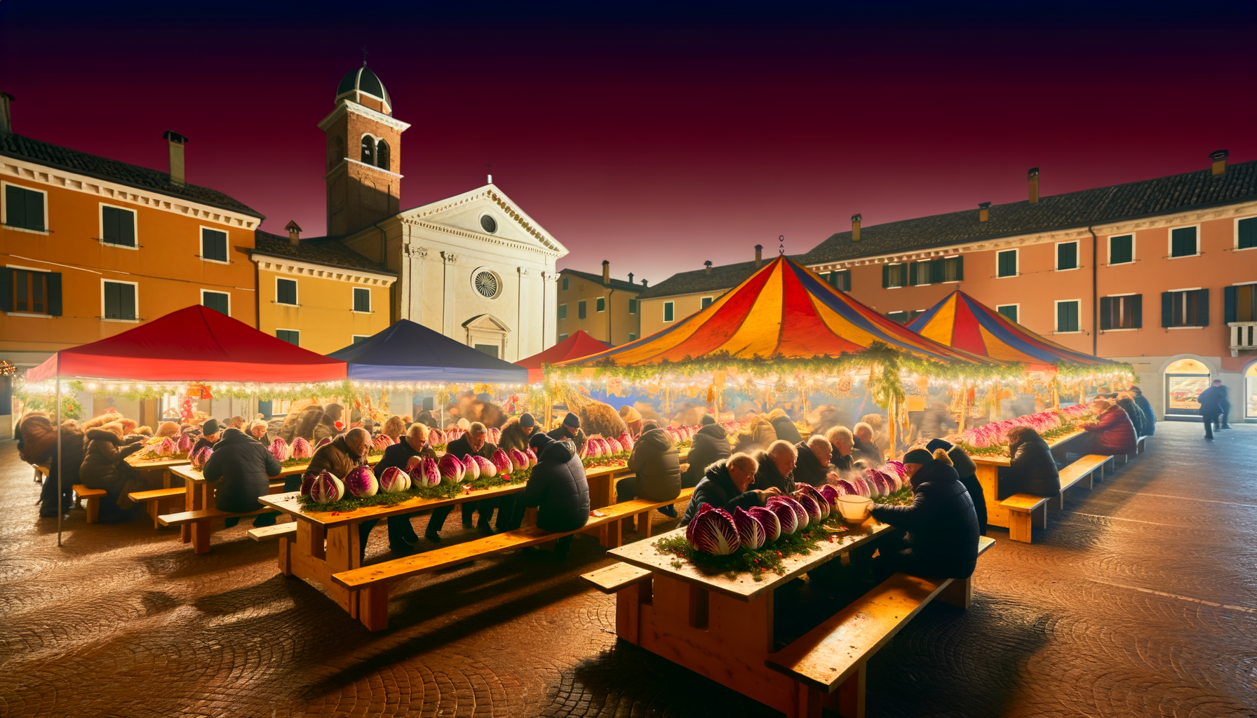 Mercato serale all'aperto con persone sedute a tavoli lunghi e radicchio di Treviso esposto sotto tende colorate