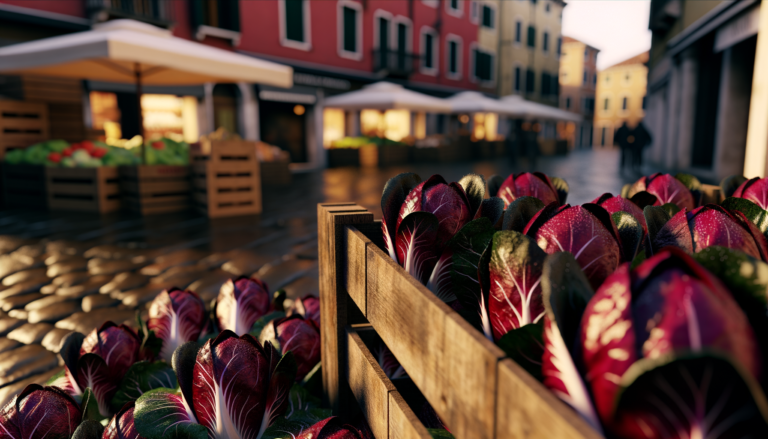Cassetta di radicchio di Treviso fresco esposto in un mercato all'aperto con sfondo di edifici veneti