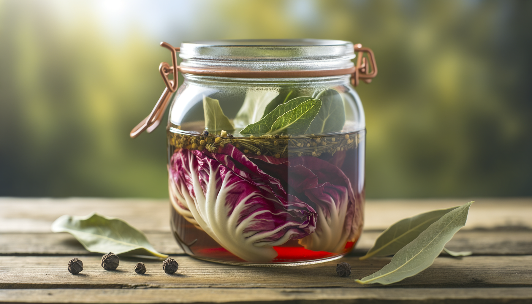 Barattolo di vetro con radicchio di Treviso e spezie immerse in liquido, su tavolo di legno con foglie e bacche intorno