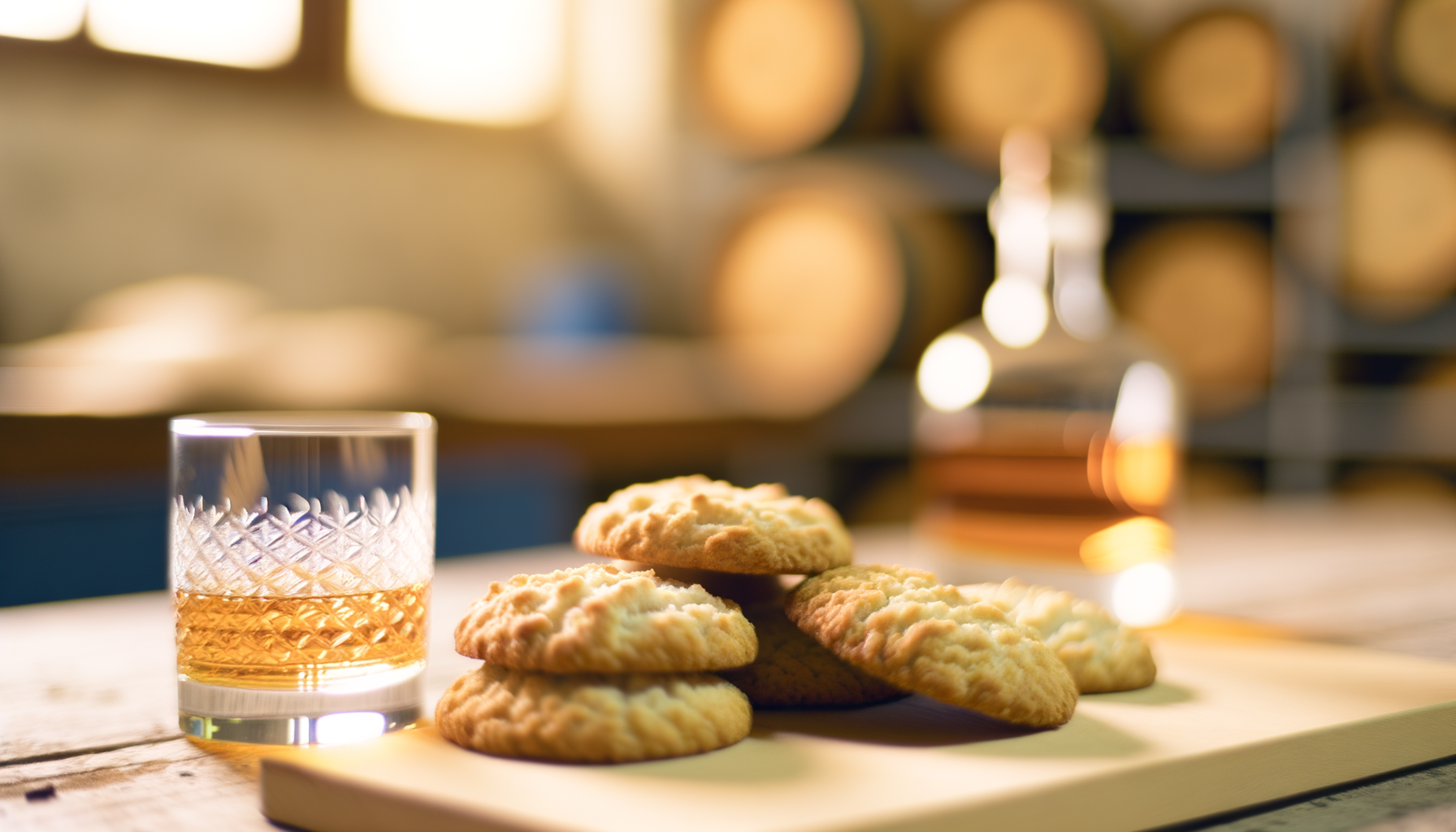 Bicchiere di grappa ambrata e biscotti caserecci su tagliere in distilleria con botti sullo sfondo