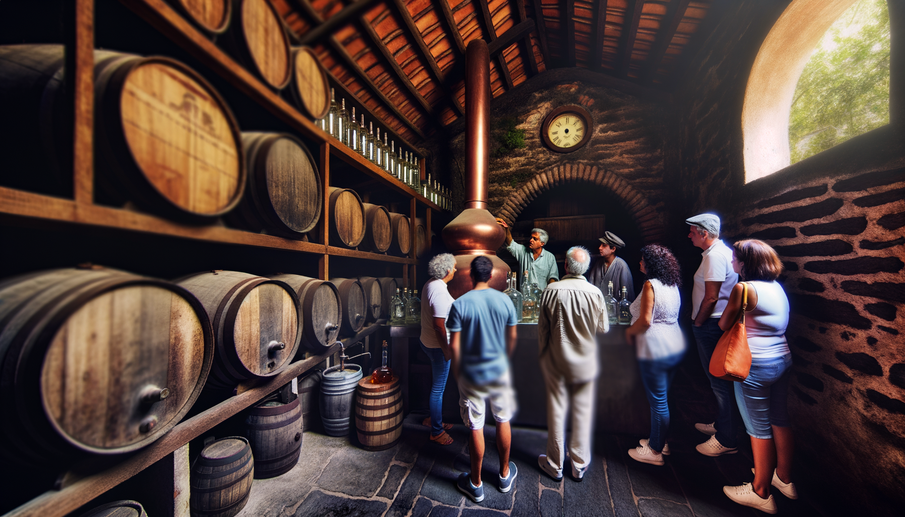 Gruppo di visitatori in una distilleria storica trentina circondati da botti di legno e alambicco in rame durante una degustazione guidata