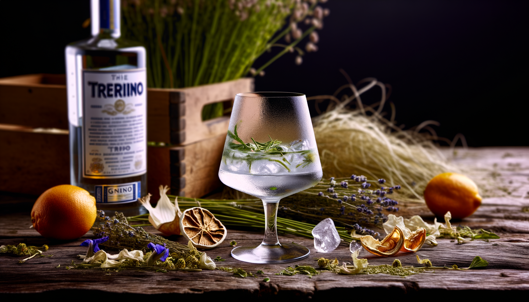 Bicchiere di grappa ghiacciata con erbe aromatiche, agrumi e bottiglia di grappa su tavolo rustico